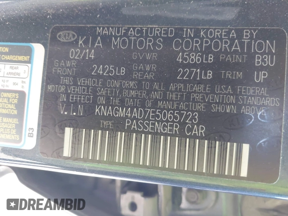 2014 Kia Optima LX with VIN KNAGM4AD7E5065723, listed as a IAAI auction lot 42551879 with 106,206 mi miles and . Bid and sale history available at DreamBid. Image 9.