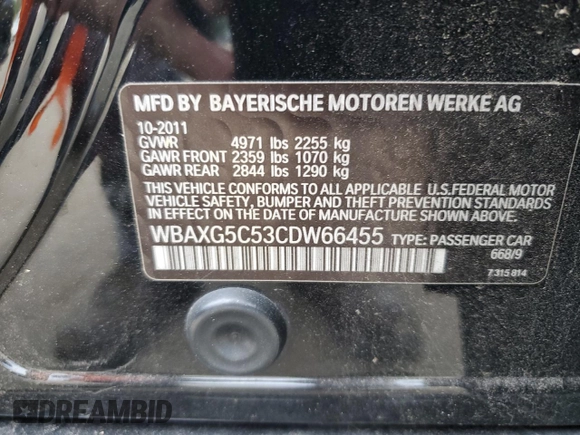 2012 BMW 5 Series 528i with VIN WBAXG5C53CDW66455, listed as a Copart auction lot 82329654 with 178,595 mi miles and Clean Title. Bid and sale history available at carsss.com. Image 12.