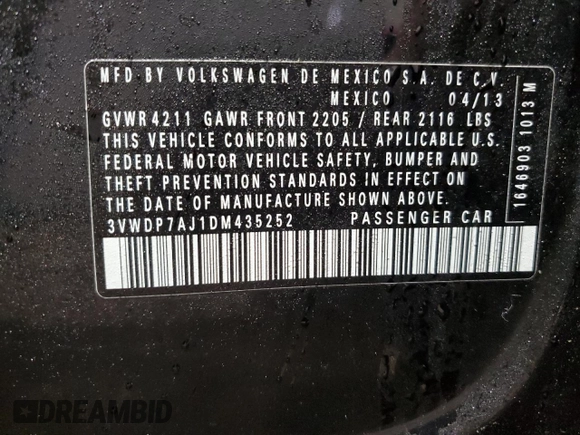 2013 Volkswagen Jetta SE with VIN 3VWDP7AJ1DM435252, listed as a Copart auction lot 57394895 with 174,993 mi miles and Salvage title. Bid and sale history available at DreamBid. Image 12.