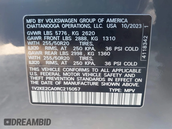 2024 Volkswagen Atlas SE with VIN 1V2KE2CA0RC215057, listed as a IAAI auction lot 41340342 with 21,440 mi miles and . Bid and sale history available at DreamBid. Image 9.