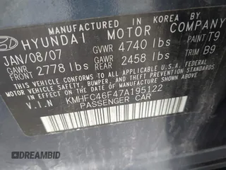 2007 Hyundai Azera SE with VIN KMHFC46F47A195122, listed as a IAAI auction lot 42202807 with 70,694 mi miles and . Bid and sale history available at DreamBid. Image 9.