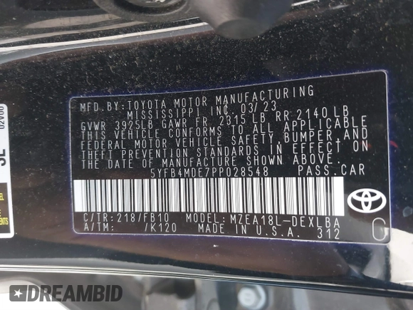 2023 Toyota Corolla LE with VIN 5YFB4MDE7PP028548, listed as a IAAI auction lot 41810081 with 34,352 mi miles and . Bid and sale history available at DreamBid. Image 9.