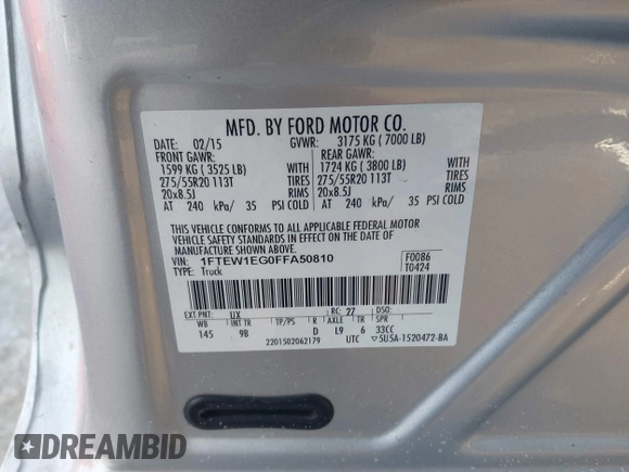2015 Ford F-150 XLT with VIN 1FTEW1EG0FFA50810, listed as a IAAI auction lot 41443474 with 232,646 mi miles. Bid and sale history available at carsss.com. Image 9.