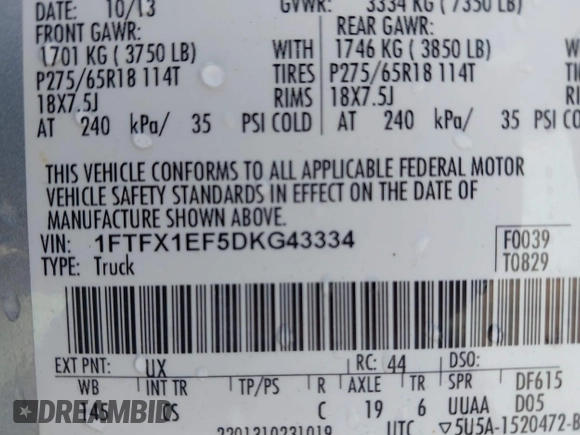 2013 Ford F-150 XL with VIN 1FTFX1EF5DKG43334, listed as a IAAI auction lot 42664129 with 215,465 mi miles and . Bid and sale history available at DreamBid. Image 9.