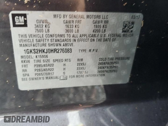 2017 GMC Yukon XL Denali with VIN 1GKS2HKJ0HR276083, listed as a Copart auction lot 74069354 with Not Provided miles and Non Repairable. Bid and sale history available at carsss.com. Image 14.