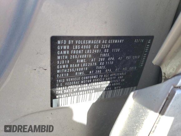 2016 Volkswagen Tiguan R-Line with VIN WVGBV7AX9GW082750, listed as a Copart auction lot 42949505 with 106,243 mi miles and Salvage Title. Bid and sale history available at DreamBid. Image 15.