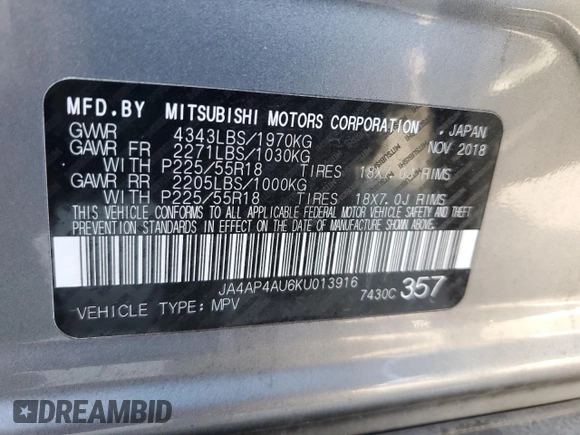 2019 Mitsubishi Outlander Sport SE 2.0 with VIN JA4AP4AU6KU013916, listed as a Copart auction lot 46921575 with 127,872 mi miles and Salvage Title. Bid and sale history available at carsss.com. Image 13.
