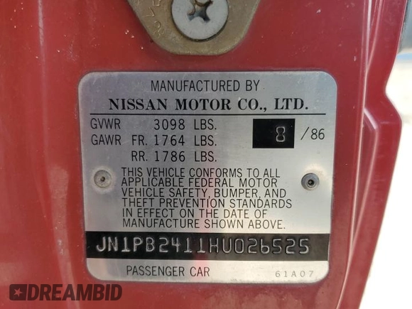 1987 Nissan Sentra z VIN JN1PB2411HU026525, wystawiony jako Copart lot #78997744 z przebiegiem 65 716 mil mil oraz Nie do naprawy • Non repairable. Historia ofert i sprzedaży dostępna na DreamBid. Obrazek 13.