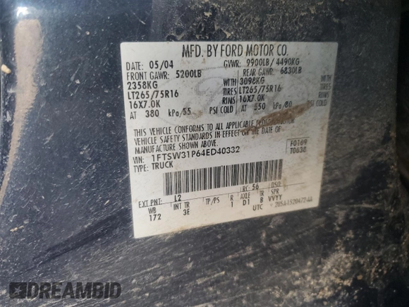 2004 Ford F-350 XL z VIN 1FTSW31P64ED40332, wystawiony jako Copart lot #46868355 z przebiegiem 229 112 mil mil oraz Szkoda całkowita • Salvage title. Historia ofert i sprzedaży dostępna na DreamBid. Obrazek 12.