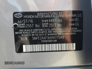 2017 Hyundai Sonata SE z VIN 5NPE24AF9HH477549, wystawiony jako Copart lot #57172315 z przebiegiem 130 643 mil mil oraz Szkoda całkowita • Salvage title. Historia ofert i sprzedaży dostępna na DreamBid. Obrazek 12.