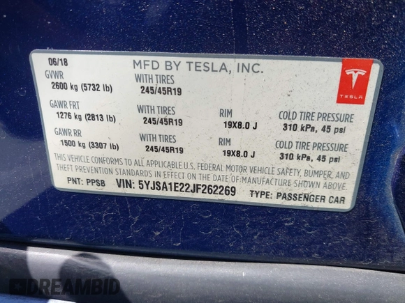 2018 Tesla Model S 75D with VIN 5YJSA1E22JF262269, listed as a IAAI auction lot 42629704 with 131,138 mi miles and . Bid and sale history available at DreamBid. Image 9.