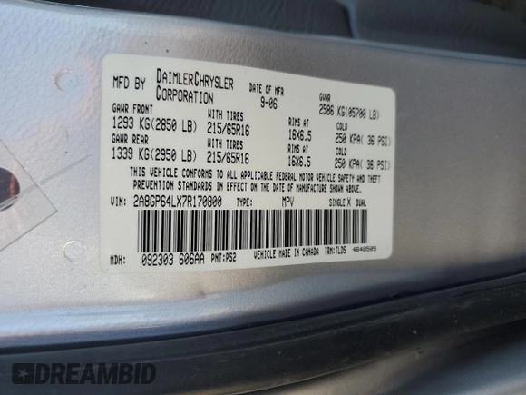 2007 Chrysler Town & Country Limited with VIN 2A8GP64LX7R170800, listed as a Copart auction lot 53546555 with 102,848 mi miles and Salvage Title. Bid and sale history available at DreamBid. Image 13.