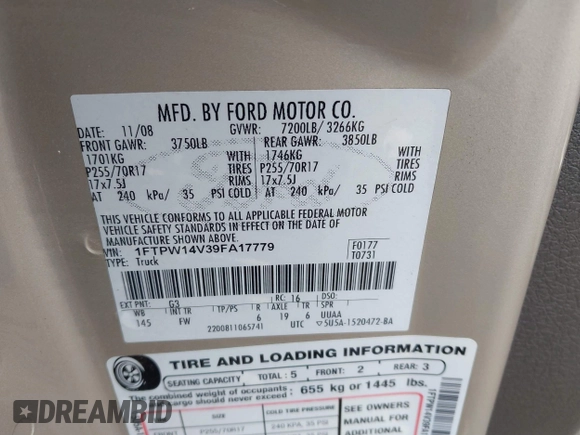 2009 Ford F-150 XL with VIN 1FTPW14V39FA17779, listed as a IAAI auction lot 42776167 with 229,984 mi miles and . Bid and sale history available at DreamBid. Image 9.
