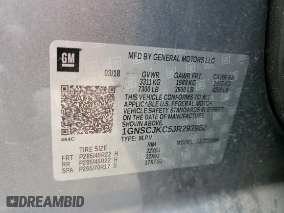 2018 Chevrolet Suburban Premier with VIN 1GNSCJKC5JR293962, listed as a Copart auction lot 50641835 with 137,598 mi miles and Salvage Title. Bid and sale history available at DreamBid. Image 14.