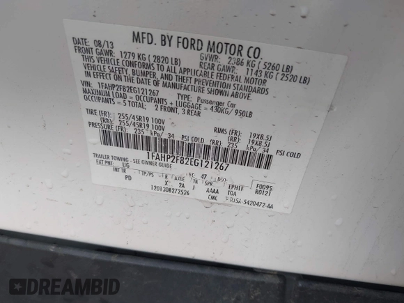 2014 Ford Taurus Limited with VIN 1FAHP2F82EG121267, listed as a IAAI auction lot 42377620 with 123,199 mi miles and . Bid and sale history available at DreamBid. Image 9.