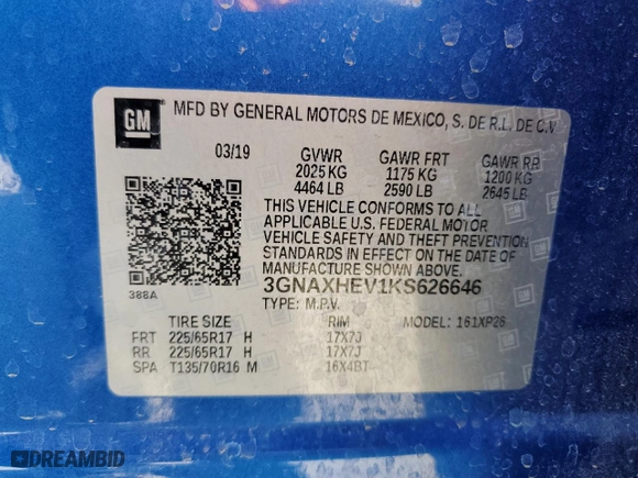 2019 Chevrolet Equinox LS with VIN 3GNAXHEV1KS626646, listed as a Copart auction lot 52212195 with 98,938 mi miles and Salvage Title. Bid and sale history available at carsss.com. Image 13.