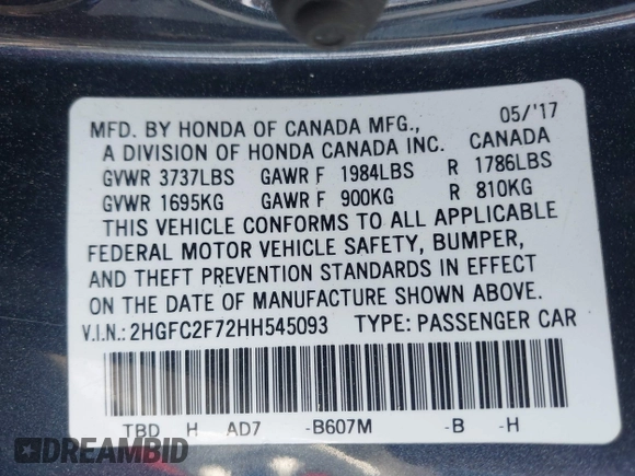 2017 Honda Civic Sedan EX with VIN 2HGFC2F72HH545093, listed as a IAAI auction lot 42051229 with 1 mi miles. Bid and sale history available at carsss.com. Image 9.