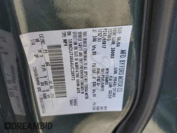 2004 Ford Explorer Eddie Bauer with VIN 1FMDU74K64UC38973, listed as a Copart auction lot 45124595 with Not provided miles and Salvage title. Bid and sale history available at DreamBid. Image 14.