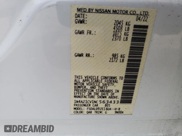 2022 Nissan LEAF SV with VIN 1N4AZ1CV1NC563433, listed as a Copart auction lot 54656955 with 10,604 mi miles and Salvage Title. Bid and sale history available at DreamBid. Image 14.