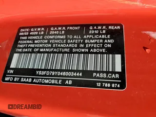 2004 Saab 9-3 Arc z VIN YS3FD79Y046003444, wystawiony jako Copart lot #72496634 z przebiegiem 116 540 mil mil oraz Szkoda całkowita • Salvage title. Historia ofert i sprzedaży dostępna na DreamBid. Obrazek 14.