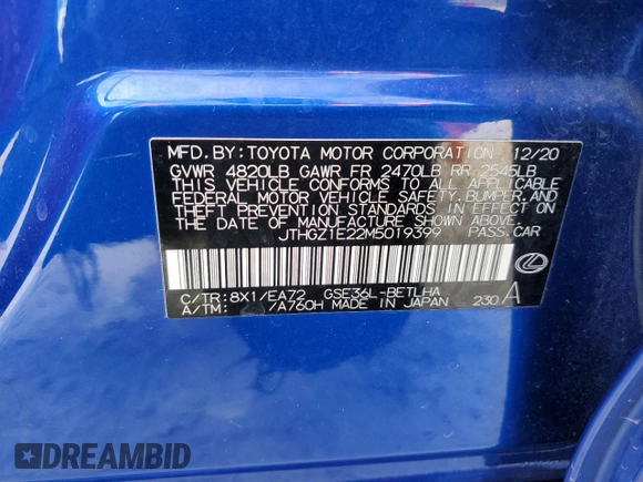 2021 Lexus IS 350 F Sport with VIN JTHGZ1E22M5019399, listed as a Copart auction lot 42425355 with Not Provided miles and Salvage Title. Bid and sale history available at DreamBid. Image 12.