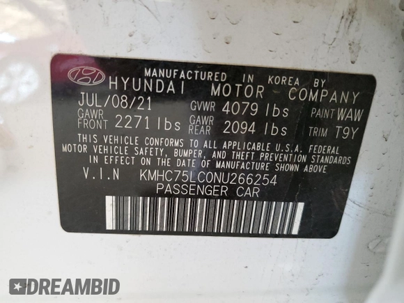 2022 Hyundai Ioniq SE with VIN KMHC75LC0NU266254, listed as a Copart auction lot 49628795 with 49,255 mi miles and Salvage Title. Bid and sale history available at DreamBid. Image 14.