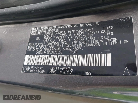 2005 Toyota Tundra SR5 with VIN 5TBDT44185S475556, listed as a IAAI auction lot 41589056 with 222,658 mi miles and . Bid and sale history available at DreamBid. Image 9.