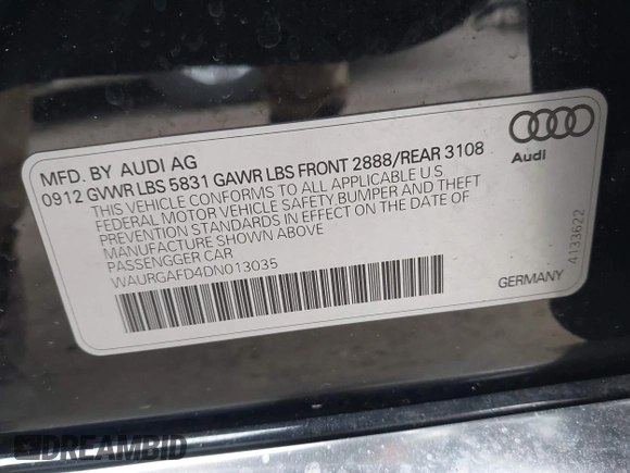 2013 Audi A8 L 3.0L with VIN WAURGAFD4DN013035, listed as a IAAI auction lot 41591570 with 152,859 mi miles. Bid and sale history available at carsss.com. Image 9.
