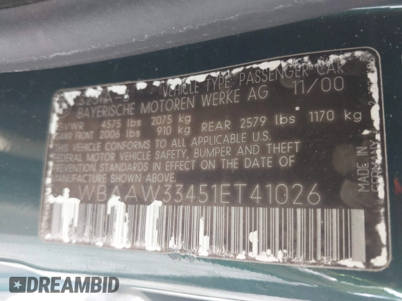 2001 BMW 3 Series с VIN WBAAW33451ET41026, выставлен на аукционе IAAI как лот 42752100 с пробегом 79 102 миль миль и . История ставок и продаж доступна на DreamBid. Изображение 9.