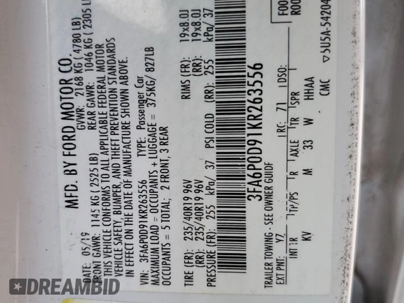 2019 Ford Fusion Titanium with VIN 3FA6P0D91KR263556, listed as a Copart auction lot 85587244 with 73,758 mi miles and Salvage Title. Bid and sale history available at carsss.com. Image 14.