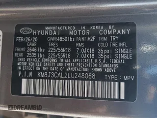 2020 Hyundai Tucson Sport z VIN KM8J3CAL2LU248068, wystawiony jako Copart lot #50264755 z przebiegiem 75 760 mil mil oraz Szkoda całkowita • Salvage title. Historia ofert i sprzedaży dostępna na DreamBid. Obrazek 14.
