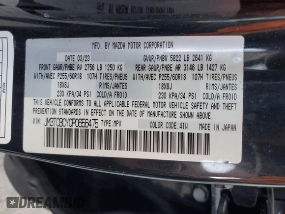 2023 Mazda CX-9 Touring with VIN JM3TCBCY0P0656475, listed as a Copart auction lot 56381365 with 49,716 mi miles and Non repairable. Bid and sale history available at DreamBid. Image 14.