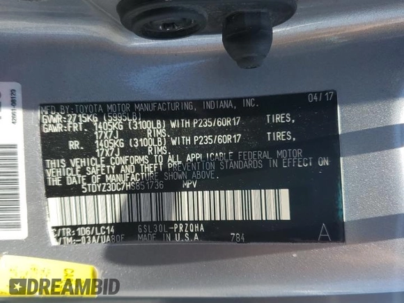 2017 Toyota Sienna XLE Auto Access Seat with VIN 5TDYZ3DC7HS851736, listed as a Copart auction lot 62350585 with 71,833 mi miles and Salvage title. Bid and sale history available at DreamBid. Image 14.