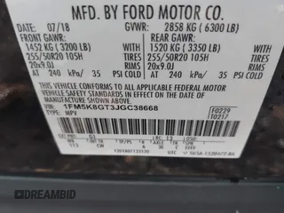 2018 Ford Explorer Sport with VIN 1FM5K8GT3JGC38668, listed as a IAAI auction lot 41306596 with 76,321 mi miles and . Bid and sale history available at DreamBid. Image 9.