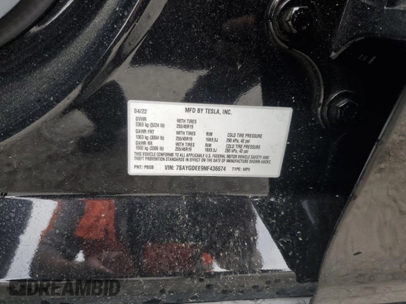 2022 Tesla Model Y Long Range with VIN 7SAYGDEE9NF436674, listed as a Copart auction lot 51478395 with 47,355 mi miles and Salvage Title. Bid and sale history available at carsss.com. Image 12.