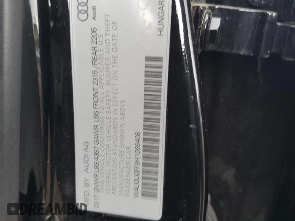 2017 Audi A3 Premium Plus with VIN WAUGUGFF9H1069408, listed as a Copart auction lot 56938504 with 37,025 mi miles and Salvage Title. Bid and sale history available at DreamBid. Image 12.