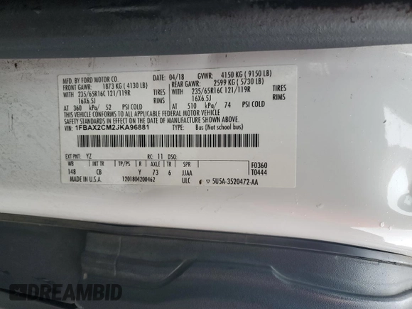 2018 Ford Transit Passenger XL with VIN 1FBAX2CM2JKA96881, listed as a Copart auction lot 88112125 with 162,883 mi miles and Salvage Title. Bid and sale history available at carsss.com. Image 14.