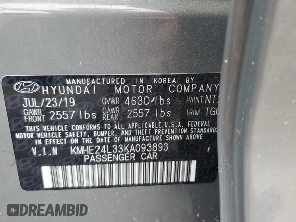 2019 Hyundai Sonata Hybrid SE with VIN KMHE24L33KA093893, listed as a Copart auction lot 65571803 with 47,156 mi miles. Bid and sale history available at carsss.com. Image 12.