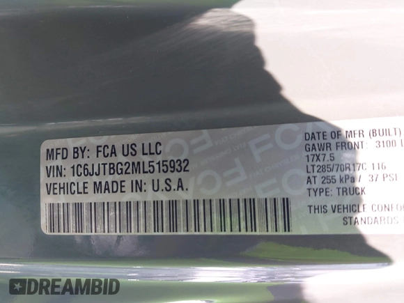 2021 Jeep Gladiator Rubicon with VIN 1C6JJTBG2ML515932, listed as a IAAI auction lot 42471704 with 57,775 mi miles and . Bid and sale history available at DreamBid. Image 9.