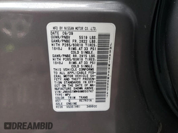 2010 Infiniti FX with VIN JN8AS1MW4AM850747, listed as a Copart auction lot 73314874 with 190,707 mi miles and Salvage Title. Bid and sale history available at DreamBid. Image 14.