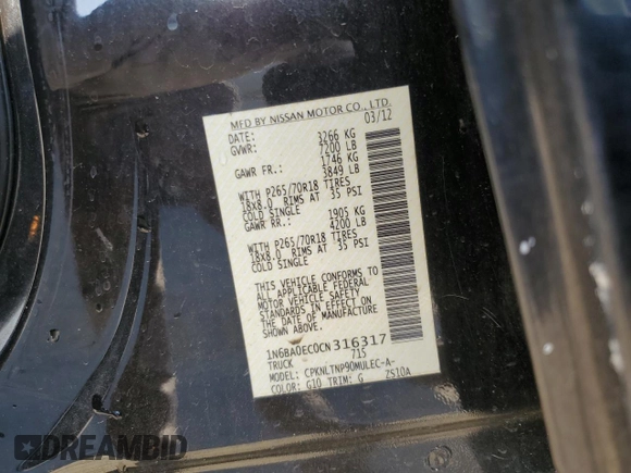 2012 Nissan Titan SV with VIN 1N6BA0EC0CN316317, listed as a Copart auction lot 57576905 with 113,323 mi miles and Salvage title. Bid and sale history available at DreamBid. Image 12.