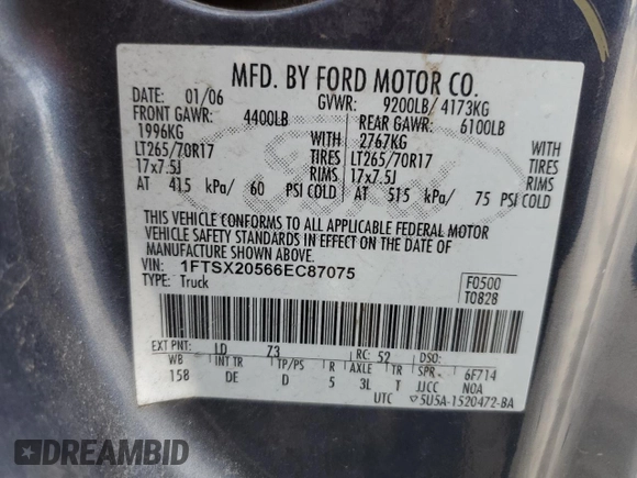 2006 Ford F-250 XL with VIN 1FTSX20566EC87075, listed as a Copart auction lot 49075415 with 223,097 mi miles and Salvage title. Bid and sale history available at DreamBid. Image 12.