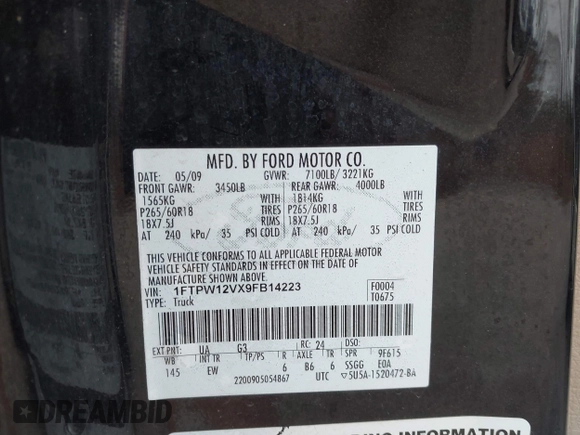 2009 Ford F-150 XL with VIN 1FTPW12VX9FB14223, listed as a IAAI auction lot 41526143 with 1 mi miles. Bid and sale history available at carsss.com. Image 9.
