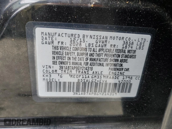 2016 Nissan Sentra SV with VIN 3N1AB7AP8GY214319, listed as a Copart auction lot 54798545 with 160,808 mi miles and Clean Title. Bid and sale history available at DreamBid. Image 12.