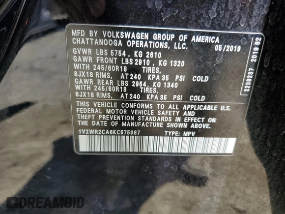 2019 Volkswagen Atlas SE with VIN 1V2WR2CA6KC575087, listed as a Copart auction lot 64336105 with 202,501 mi miles and Clean title. Bid and sale history available at DreamBid. Image 13.