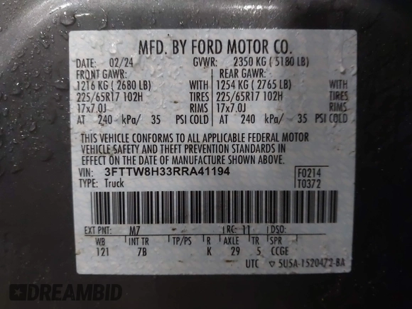 2024 Ford Maverick XLT with VIN 3FTTW8H33RRA41194, listed as a IAAI auction lot 41855691 with 21,387 mi miles and . Bid and sale history available at DreamBid. Image 9.