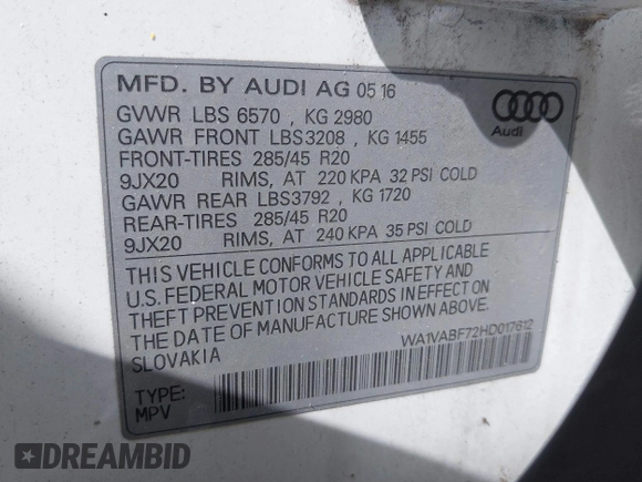 2017 Audi Q7 Prestige with VIN WA1VABF72HD017612, listed as a IAAI auction lot 41899537 with 123,702 mi miles and . Bid and sale history available at DreamBid. Image 9.