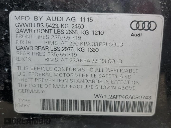 2016 Audi Q5 Premium Plus with VIN WA1L2AFP4GA080743, listed as a Copart auction lot 47285975 with 171,159 mi miles and Clean Title. Bid and sale history available at carsss.com. Image 13.