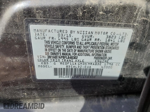 2015 Nissan Sentra SV with VIN 3N1AB7AP8FL648302, listed as a Copart auction lot 54629235 with 135,585 mi miles and Clean Title. Bid and sale history available at carsss.com. Image 12.