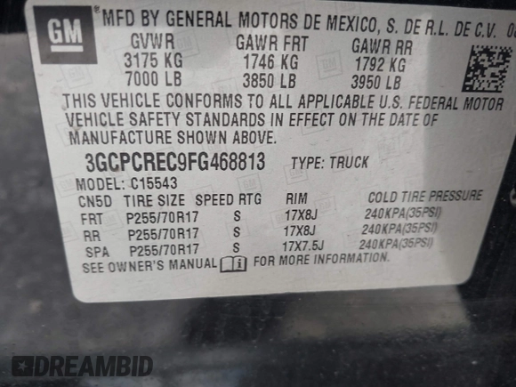 2015 Chevrolet Silverado 1500 LT with VIN 3GCPCREC9FG468813, listed as a IAAI auction lot 39908400 with 170,989 mi miles and . Bid and sale history available at DreamBid. Image 9.
